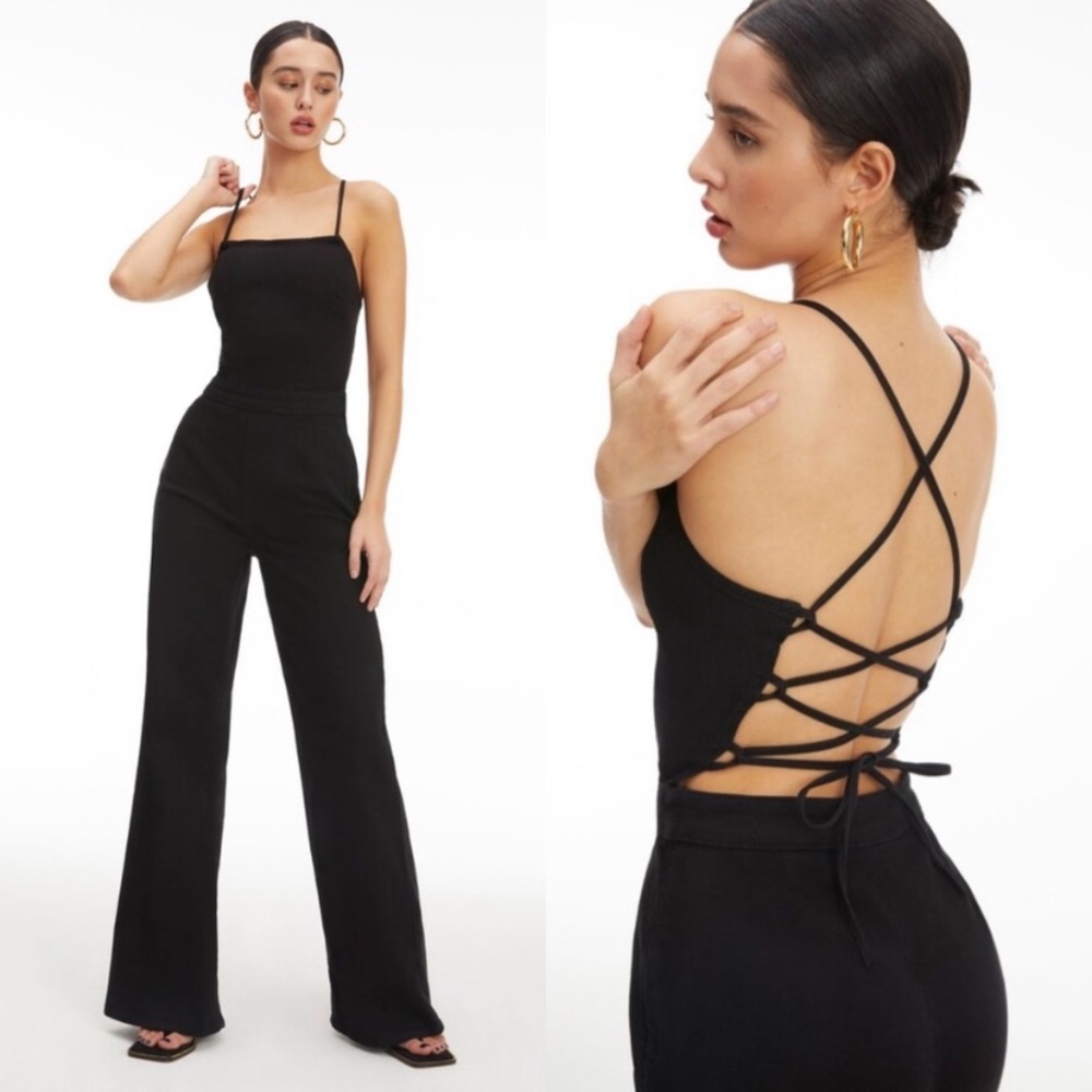 Good American Vacay Palazzo Tie Back stretch denim Jumpsuit